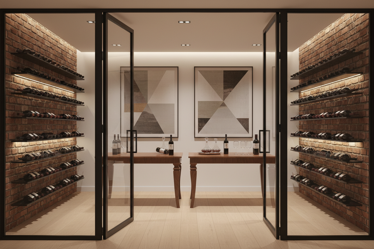 Modern luxury wine room with glass folding doors, sleek metal frame, wall-mounted black wine racks with bottles displayed horizontally, minimalist LED lighting, light wooden floor, exposed brick side wall, elegant tasting tables with bottles and glasses, contemporary art on the wall, warm ambient light, realistic interior rendering, premium home wine cellar design. Focus on glass doors slightly open, showing reflection and interior details, ultra-realistic lighting.