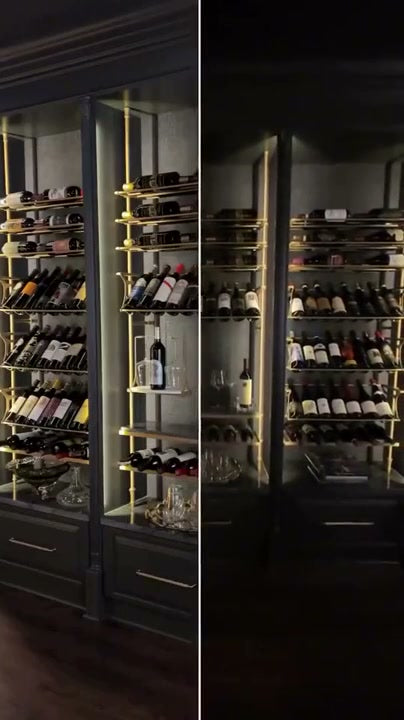 Fittings gold wine racks with glass shelves inside cabinetry, video by Fittings