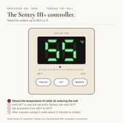 Animated diagram from the Breezaire WKL installation instructions: Sentry III+ controller on the WKL 3000, shows the temperature of cellar air entering the unit, hold SET to see the set point, factory set near 55°F, adjustable 48 to 63°F, rated for cellars up to 650 cu ft