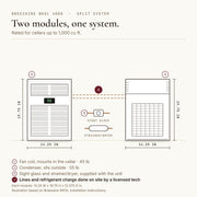 Animated diagram from the Breezaire WKSL installation instructions: WKSL 4000 fan coil (45 lb) and condenser (55 lb), each 14.25 x 19.75 x 12.375 in, sight glass and strainer/dryer supplied, lines and refrigerant charge done on site, rated for cellars up to 1,000 cu ft