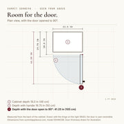 Animated diagram from Summit specifications: SDHWC98 seen from above, 18 in deep, 19.75 in with handle, 41.25 in with the door open to 90 degrees