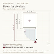 Animated diagram from Summit specifications: SWC1966 seen from above, 26.63 in deep, 27.75 in with handle, 48.75 in with the door open to 90 degrees