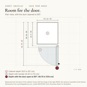 Animated diagram from Summit specifications: SWCP2163 seen from above, 26.5 in deep, 28.25 in with handle, 48.75 in with the door open to 90 degrees