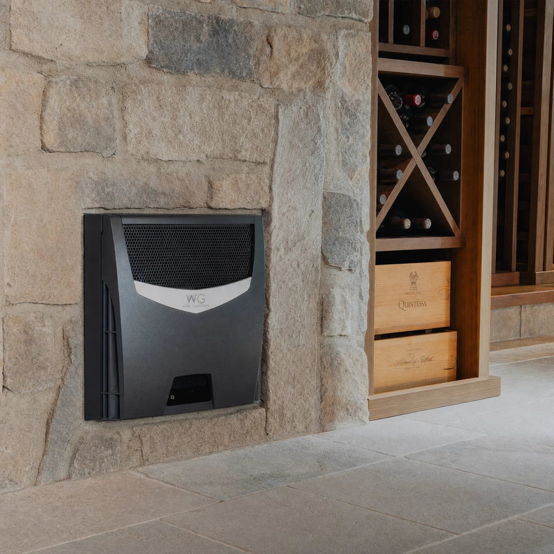 Wine Guardian TTW009 through-the-wall cooling unit installed in a wine cellar wall
