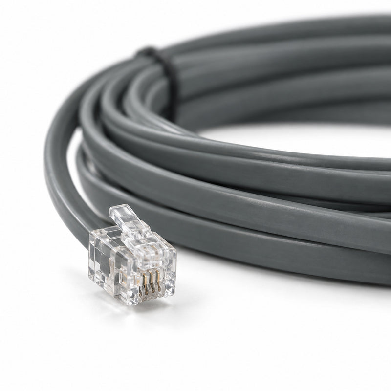Illustration of a clear RJ9 plug on a flat grey communication cable