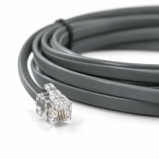 Illustration of a clear RJ9 plug on a flat grey communication cable