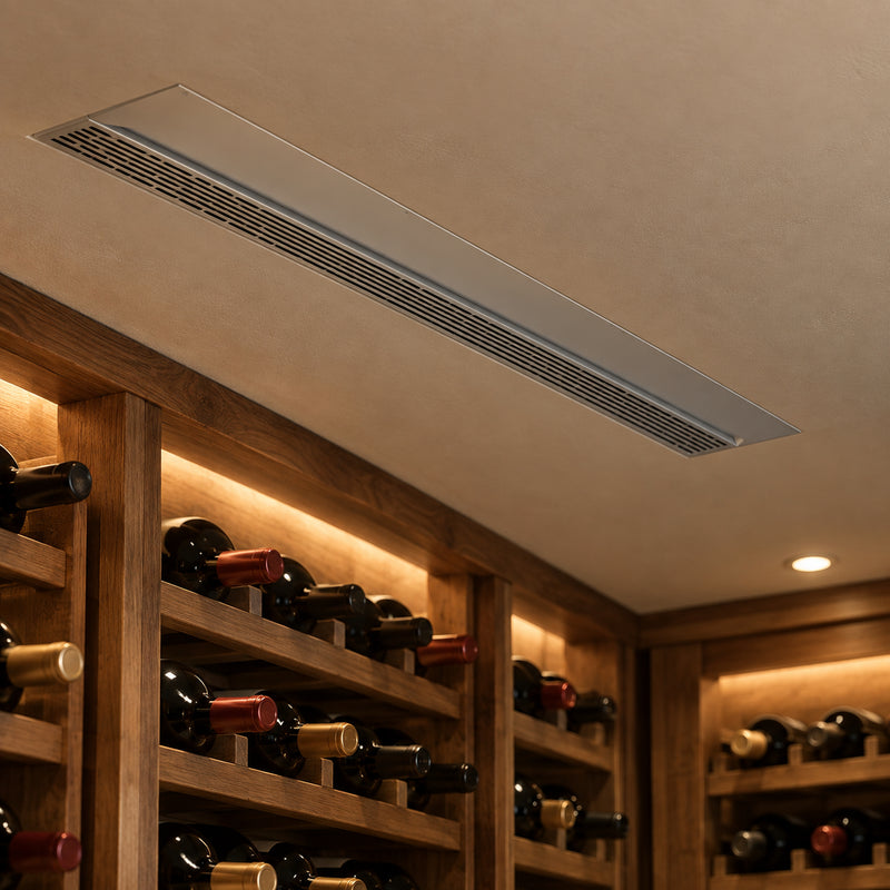 Illustration of a recessed CS025 ceiling fan coil above wooden wine racks