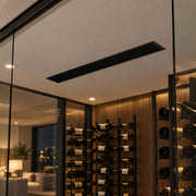 Illustration of the black ceiling face of a CS050 Wine Wall fan coil in a glass wine room
