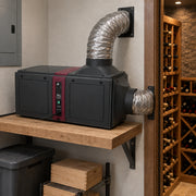 Illustration of a D025WC cooling unit on a utility-room shelf with insulated ducts