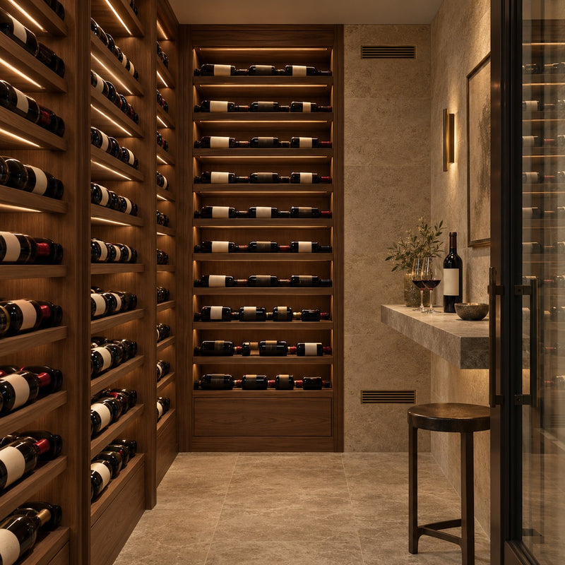 Illustration of a wine room cooled by a Wine Guardian DS025 split system with the equipment out of sight