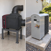 Illustration of the two parts of a Wine Guardian DS025 split system: the fan coil indoors and the condensing unit outdoors