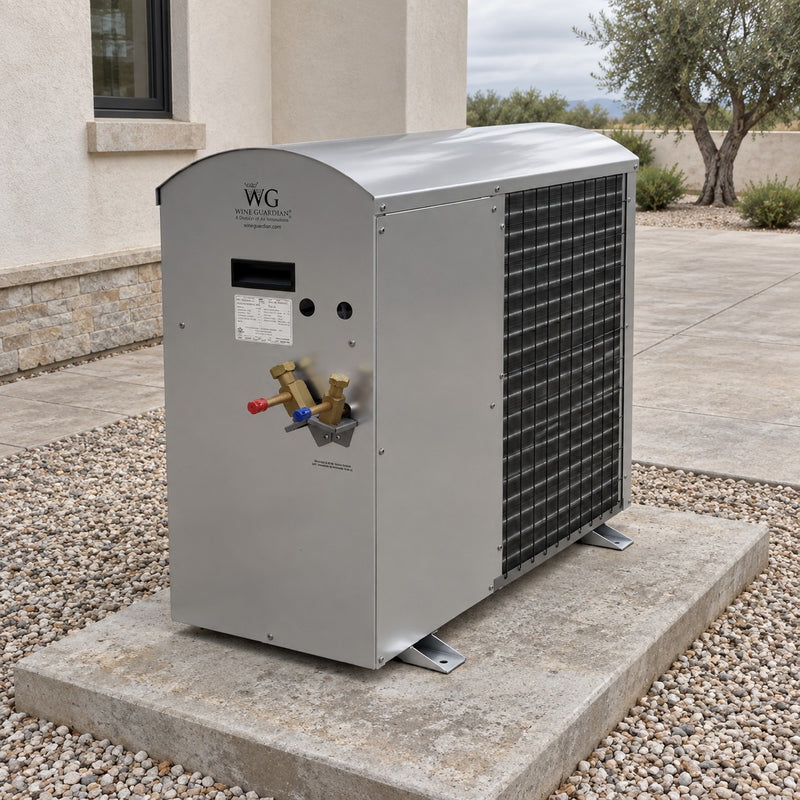 Illustration of a Wine Guardian DS025 split condensing unit on a concrete pad beside a house