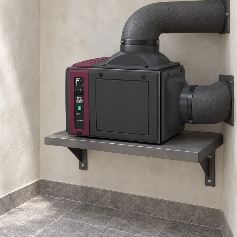 Illustration of a Wine Guardian DS025 split fan coil in a separate equipment room with insulated ducts