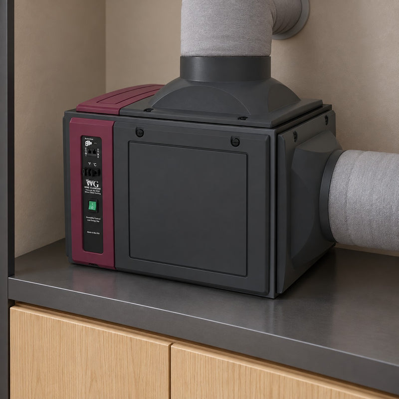 Illustration of a Wine Guardian DS025 split fan coil mounted on a shelf in an equipment room