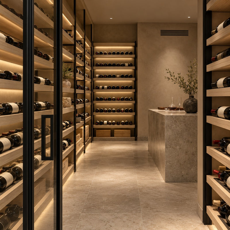 Illustration of a wine room cooled by a Wine Guardian DS050 split system with the equipment out of sight