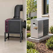Illustration of the two parts of a Wine Guardian DS050 split system: the fan coil indoors and the condensing unit outdoors