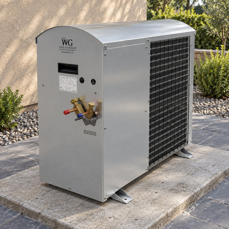 Illustration of a Wine Guardian DS050 split condensing unit installed outdoors on a concrete pad