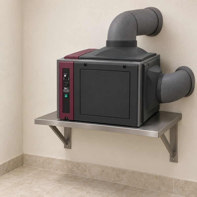 Illustration of a Wine Guardian DS050 split fan coil in a separate equipment room with insulated ducts