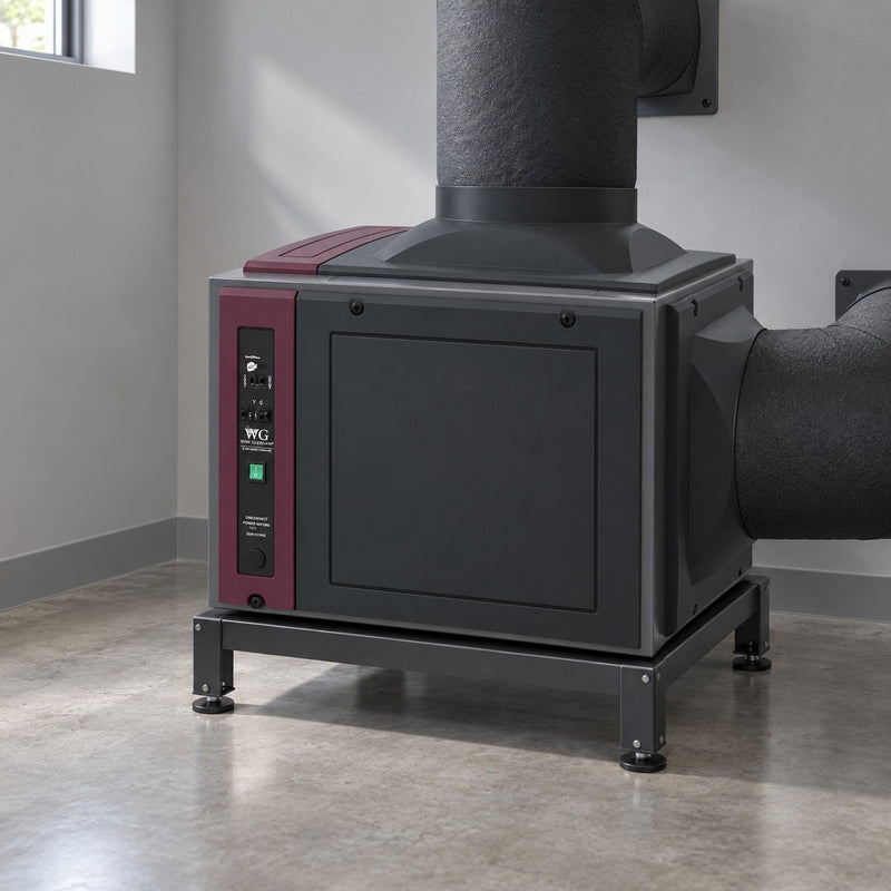 Illustration of a Wine Guardian DS050 split fan coil mounted on a shelf in an equipment room