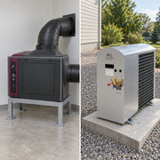 Illustration of the two parts of a Wine Guardian DS088 split system: the fan coil indoors and the condensing unit outdoors