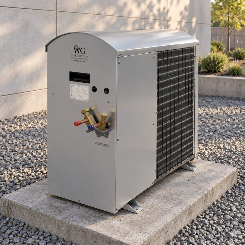 Illustration of a Wine Guardian DS088 split condensing unit on a concrete pad beside a house