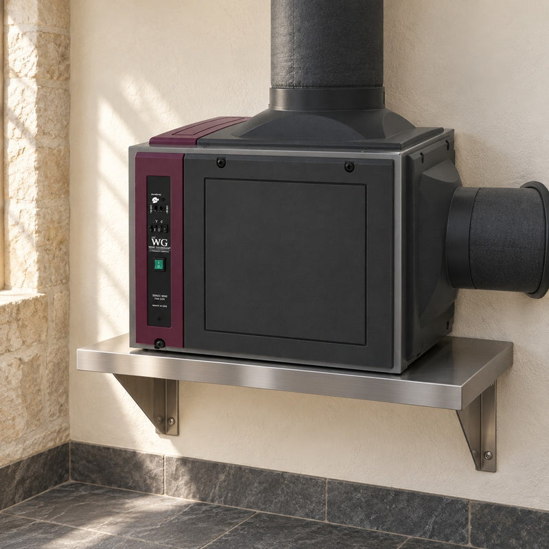 Illustration of a Wine Guardian DS088 split fan coil mounted on a shelf in an equipment room