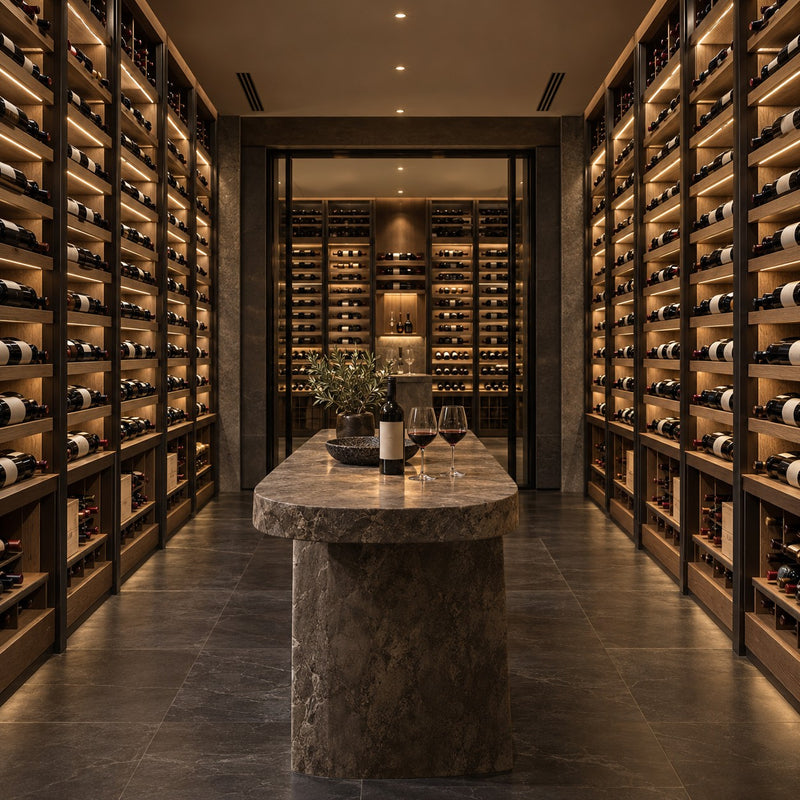 Illustration of a wine room cooled by a Wine Guardian DS200 split system with the equipment out of sight