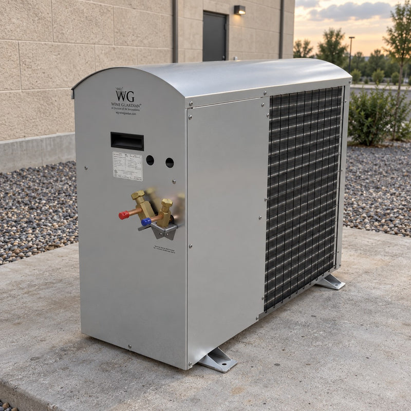 Illustration of a Wine Guardian DS200 split condensing unit installed outdoors on a concrete pad