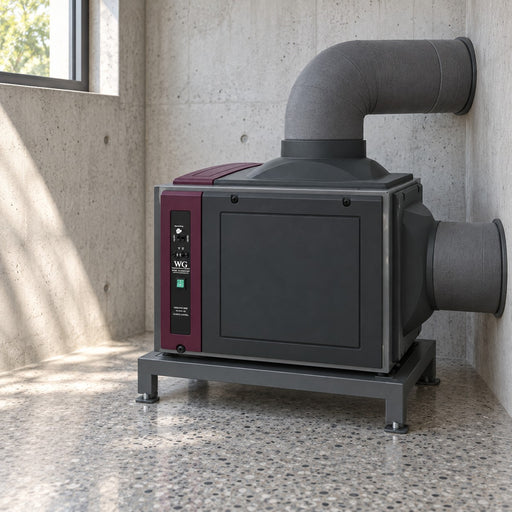 Illustration of a Wine Guardian DS200 split fan coil in a separate equipment room with insulated ducts