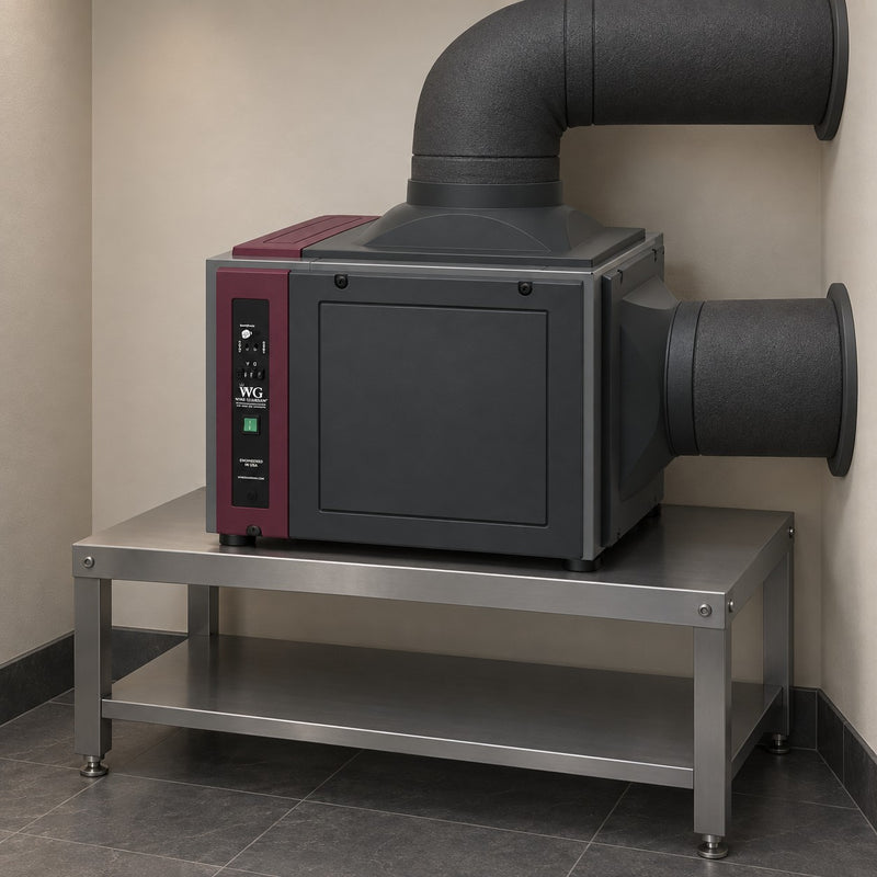 Illustration of a Wine Guardian DS200 split fan coil mounted on a shelf in an equipment room