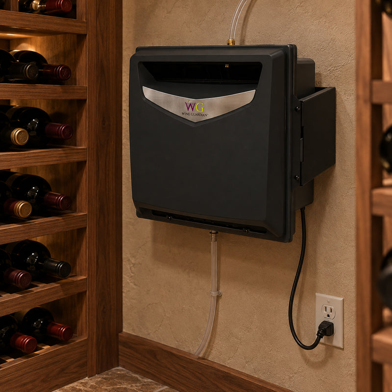 Illustration of a universal wall-mounted humidifier with a power cord connected to an outlet