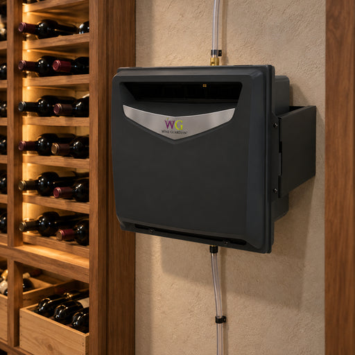 Illustration of a Wine Guardian powered wall-mounted humidifier beside wooden wine racks