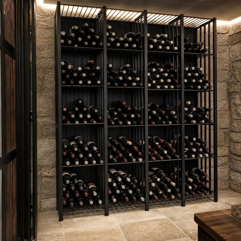 Wine bin tall filled with wine bottles