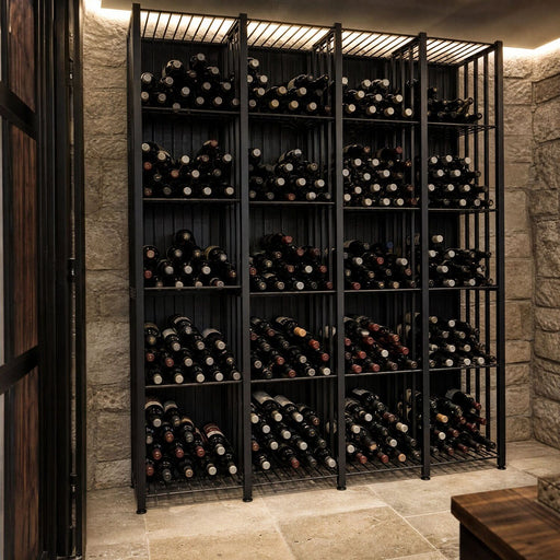Wine bin tall filled with wine bottles