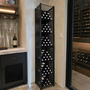 Tall metal wine bin storage full of bottles in a residential wine cellar