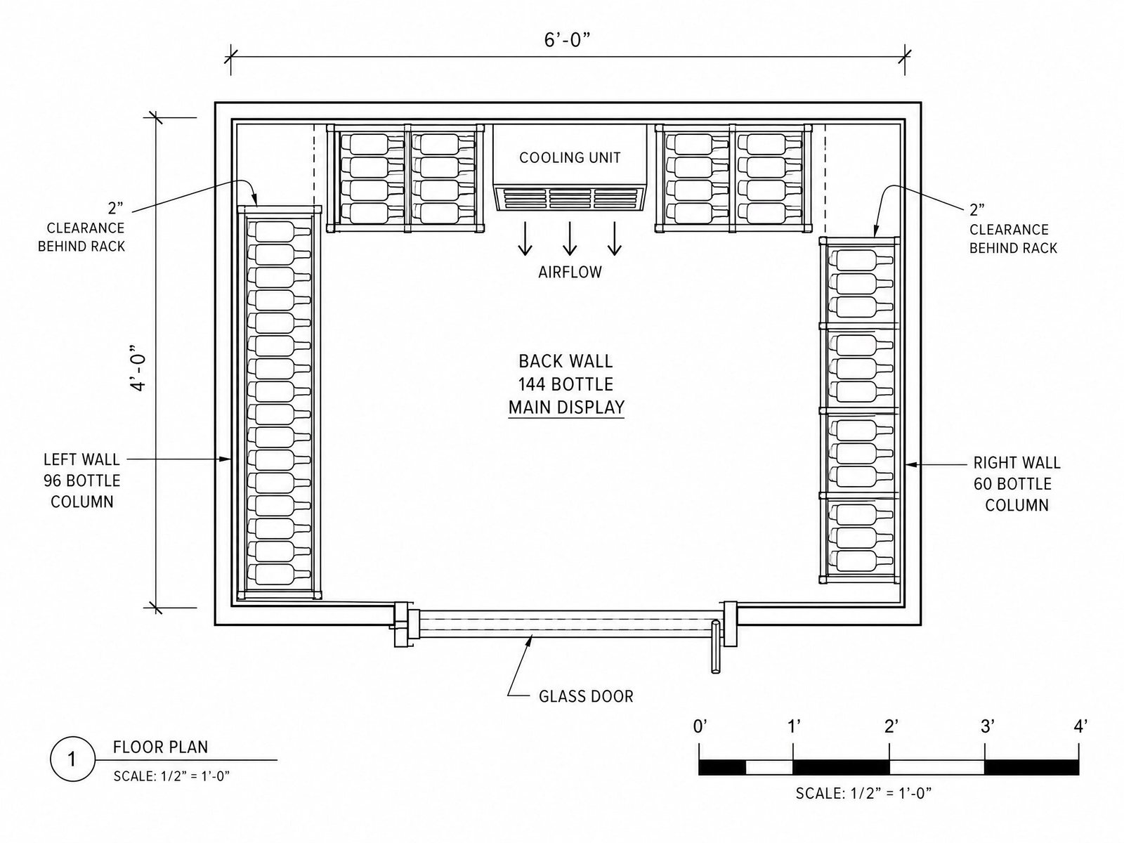 Sample to-scale floor plan showing rack runs, clearances and cooling unit placement