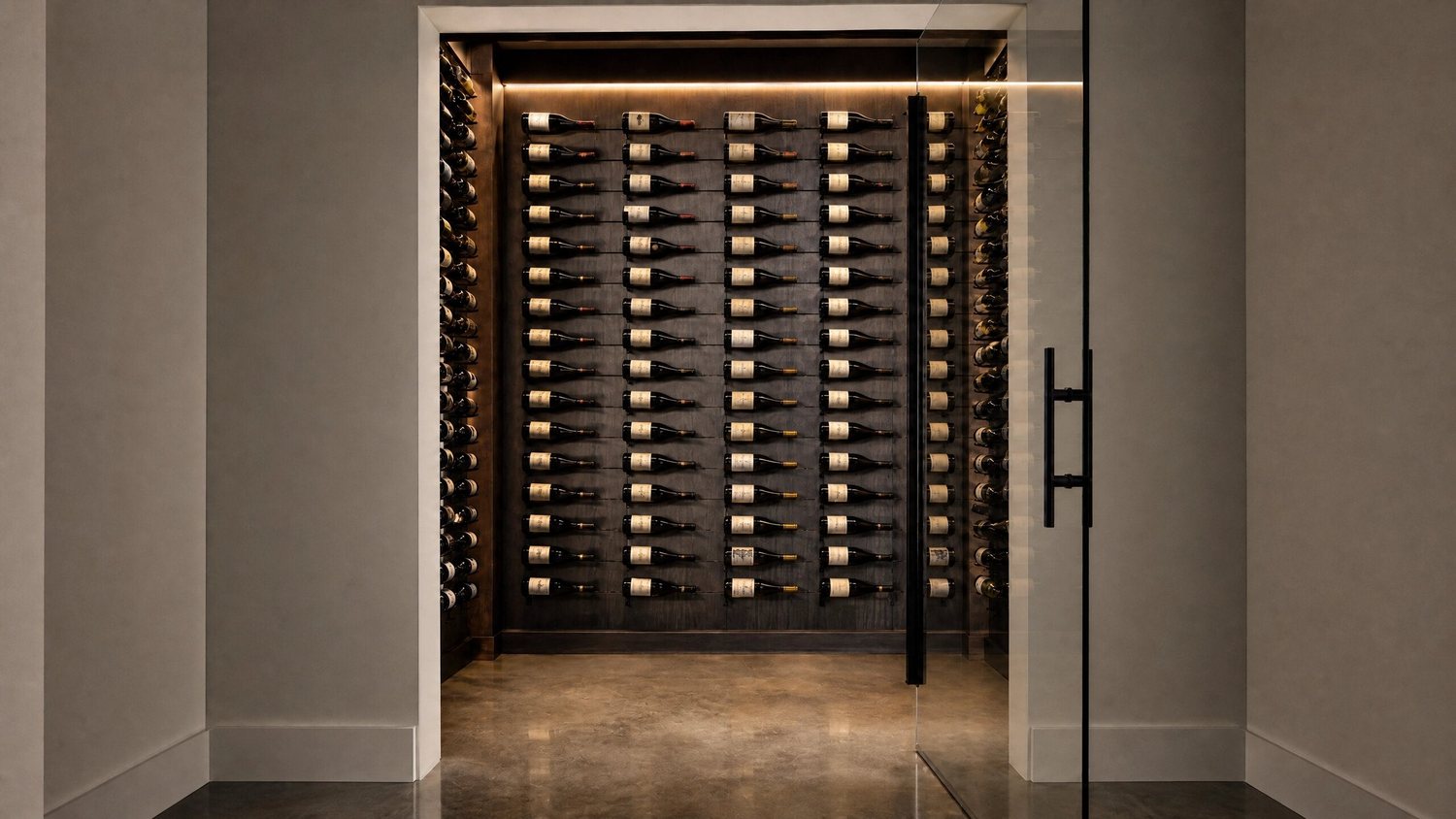 Label-forward wine wall behind a glass door