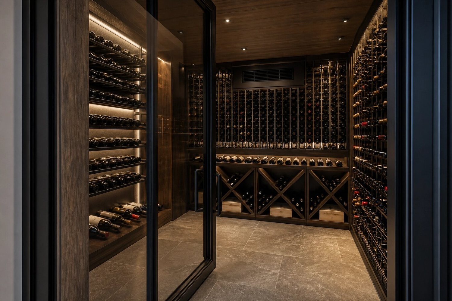 Glass-enclosed cellar with mixed metal and wood racking