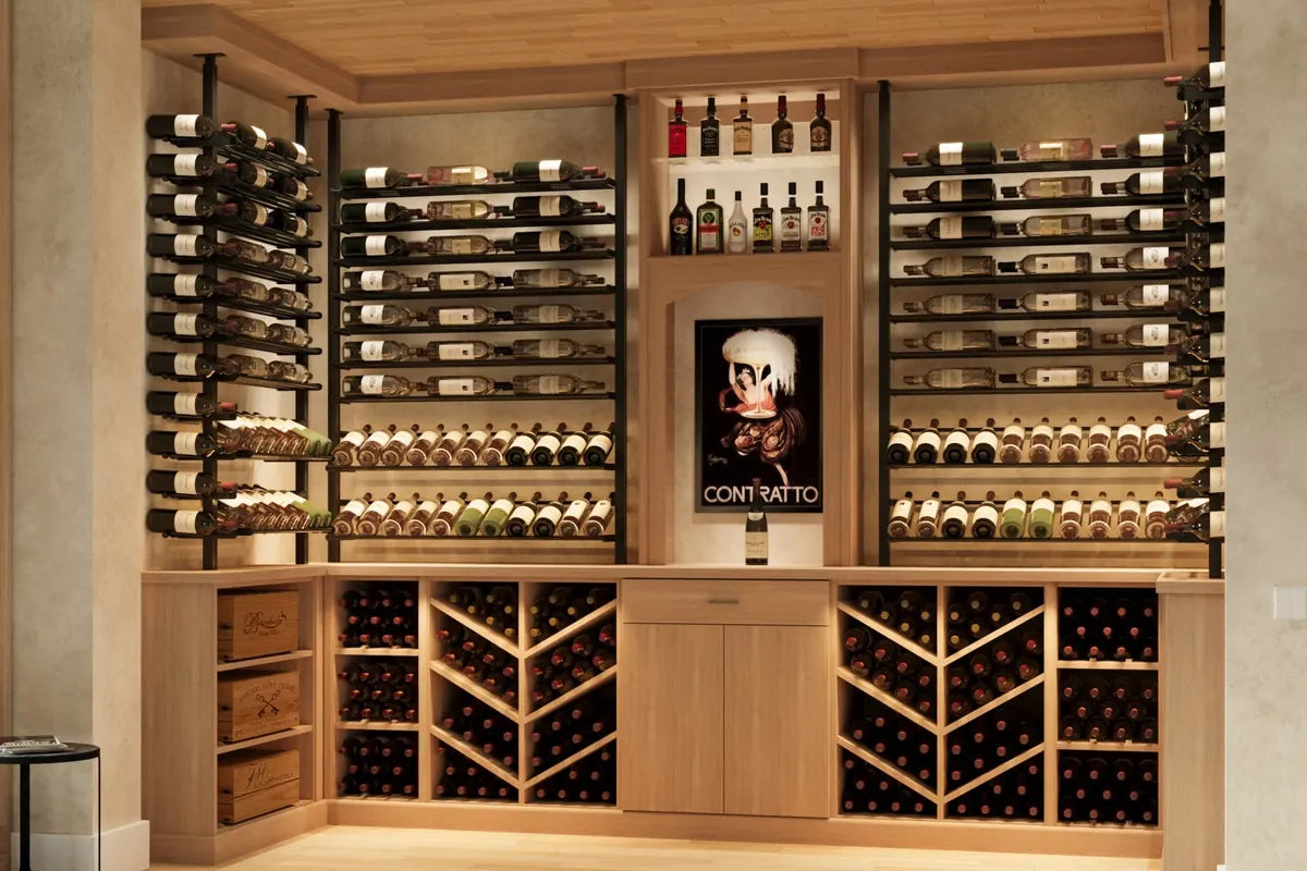 Kessick Somm series wine wall built into light wood cabinetry
