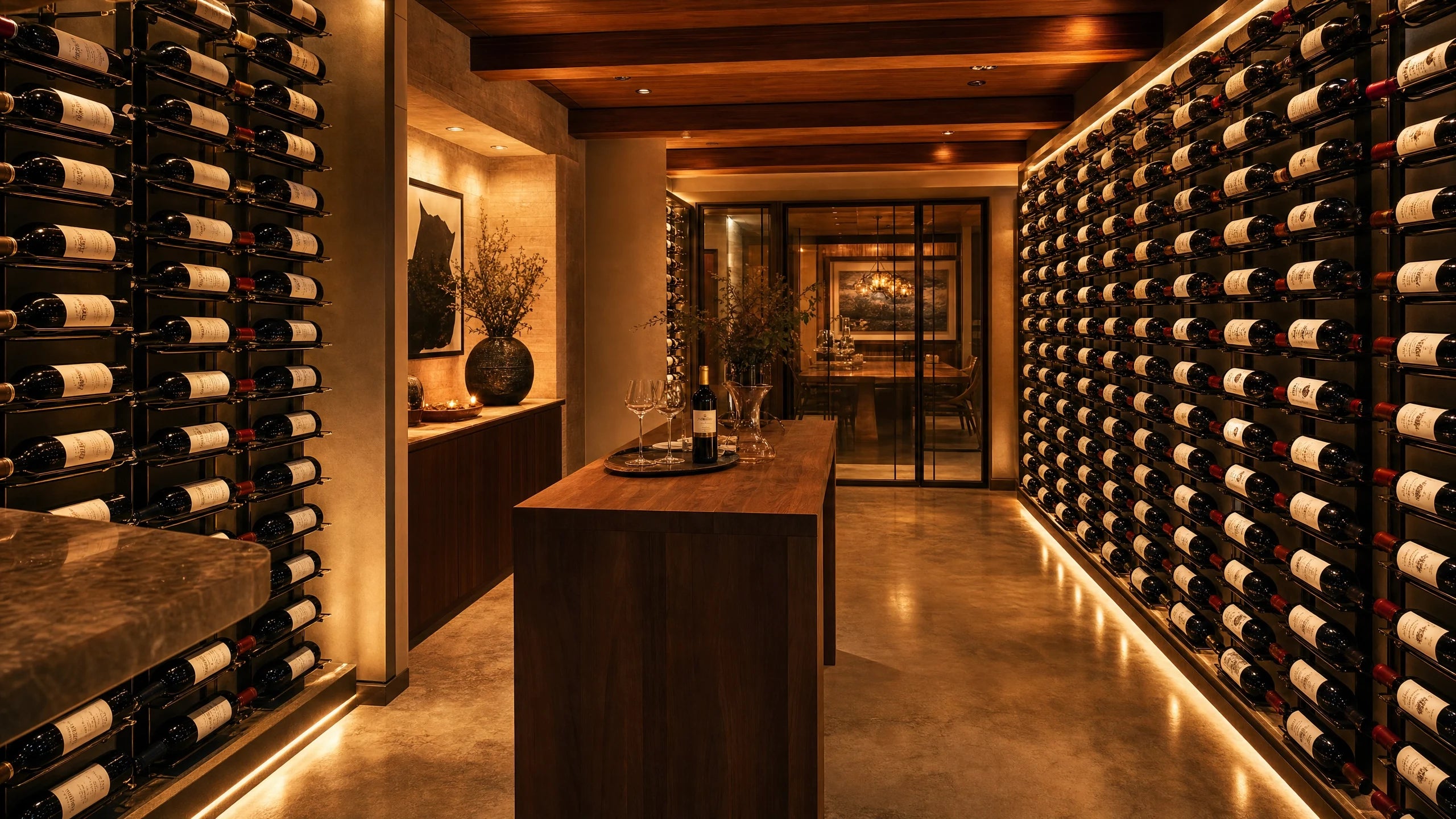 Walk-in wine cellar concept with label-forward metal racking and LED lighting